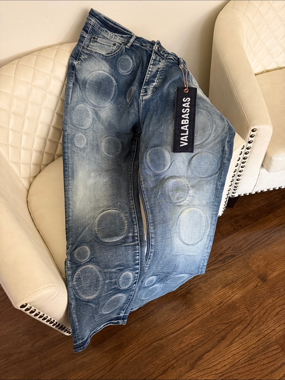 VALABASAS Men's Blue Straight Jeans with Circular Distress Detail